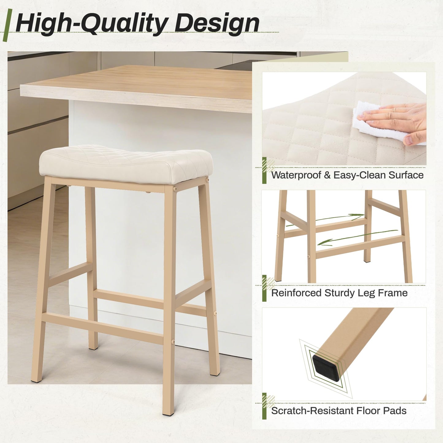 Compsia Counter Height Bar Stools Set of 3, Barstools with Thick PU Leather Saddle Seat & Black Metal Legs, 24 Inches Kitchen Counter Stools, Lvory White