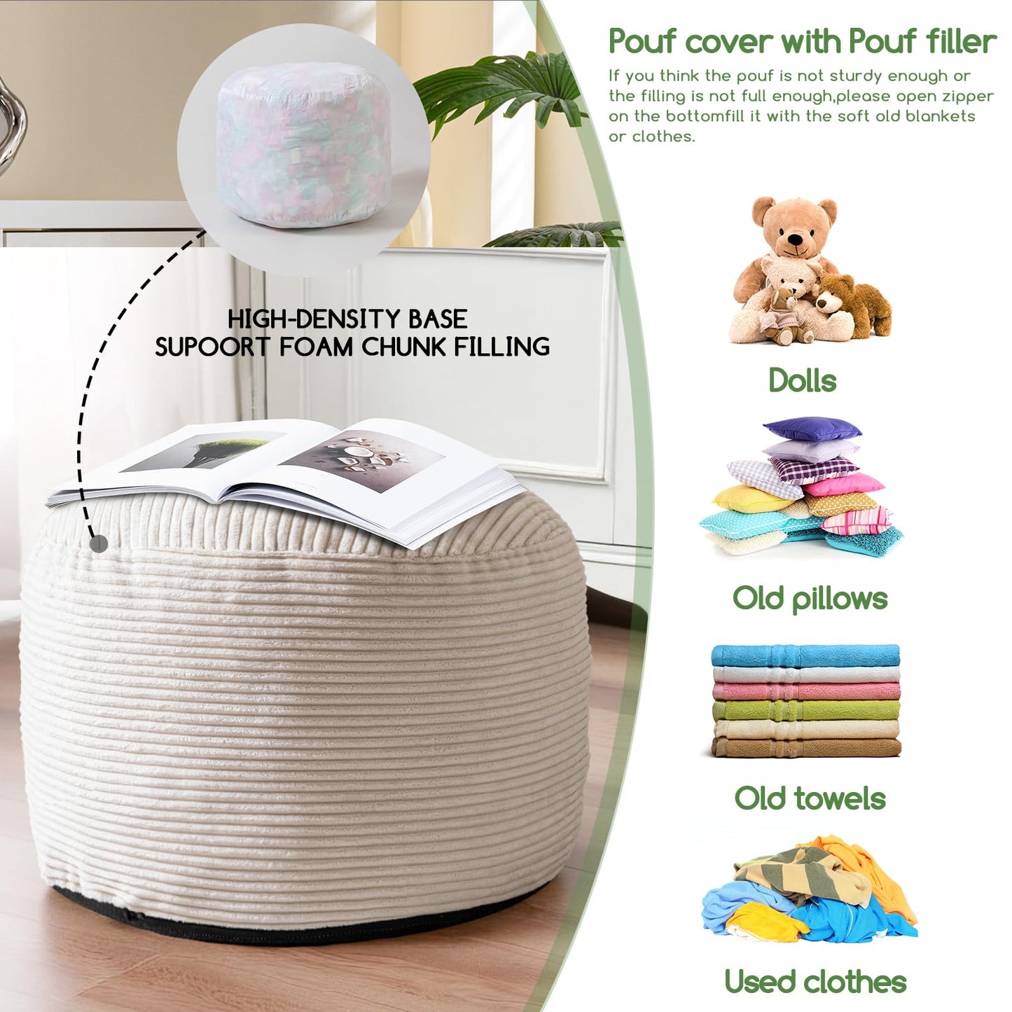 HIGOGOGO Round Stuffed Pouf Ottoman, Corduroy Poufs with Foam Chunk Filling, Furry and Fluffy Pouf Foot Stool Storage Ottoman, 20 X 15 Floor Poufs Foot Rest for Living Room, Beige