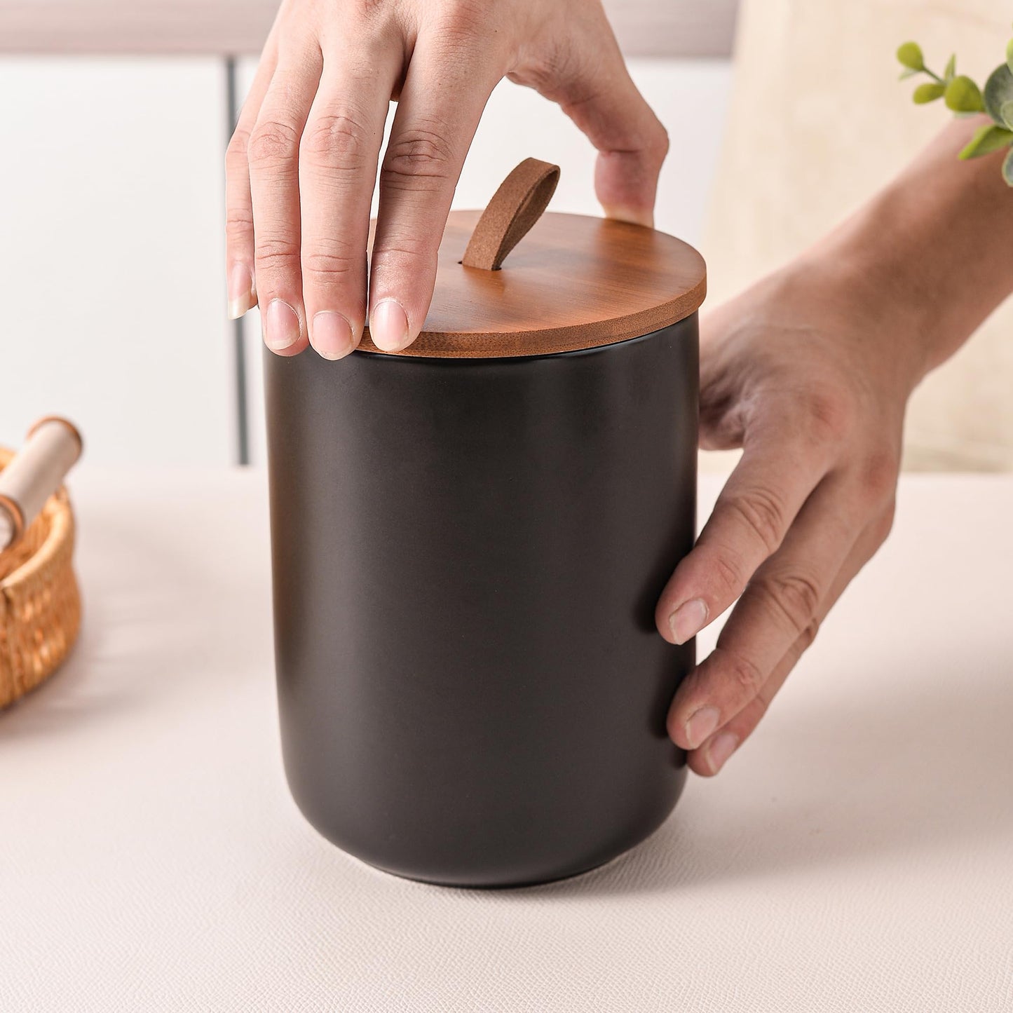 CoorFormer Black Ceramic Canister Set with Bamboo Lids, 3-Piece Airtight Food Storage Jars for Kitchen - Flour, Sugar, Coffee, Tea, Spice - Small, Medium, Large Sizes