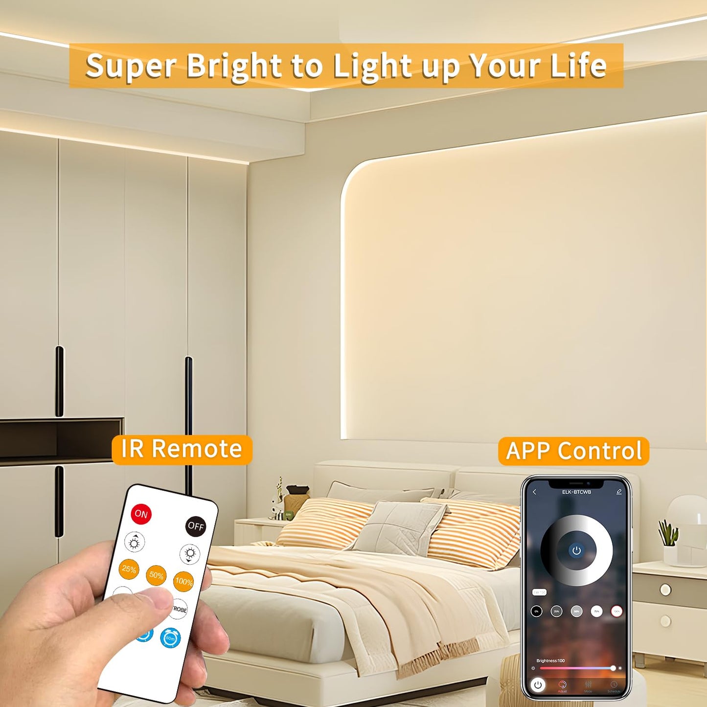 Yeewhale COB LED Strip Lights 50ft,3000K DC 24V Dimmable Warm White Flexible LED Rope Lights for Bedroom,with Remote and app Control LED Lights Strip for Living Room, Shelf, Cabinet