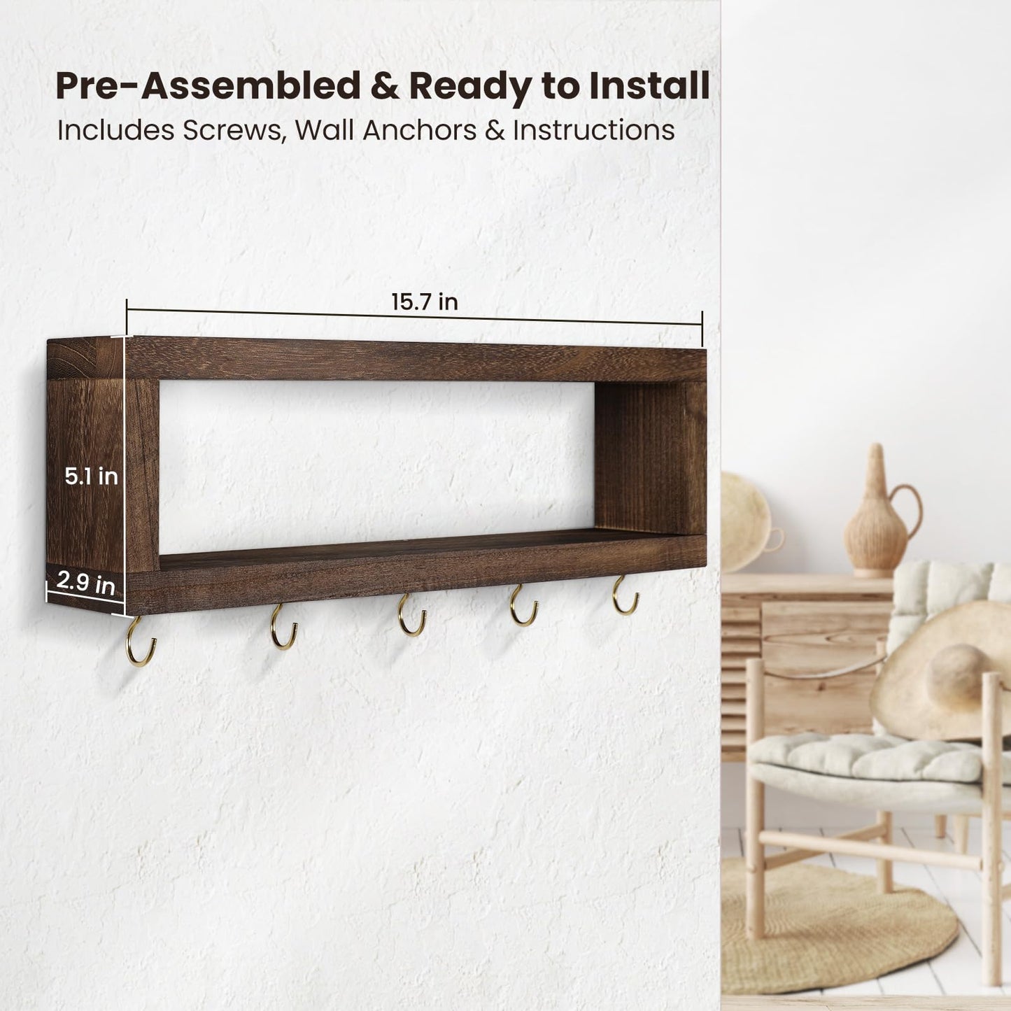 Lwenki Wall Shelf with Hooks - Decorative Key and Wallet Holder for Wall Holds Sunglasses, Leashes, Scarves and Lanyards - 15.7" x 5.1" x 2.9" Entryway Organizer Made of Paulownia Wood (Brown)