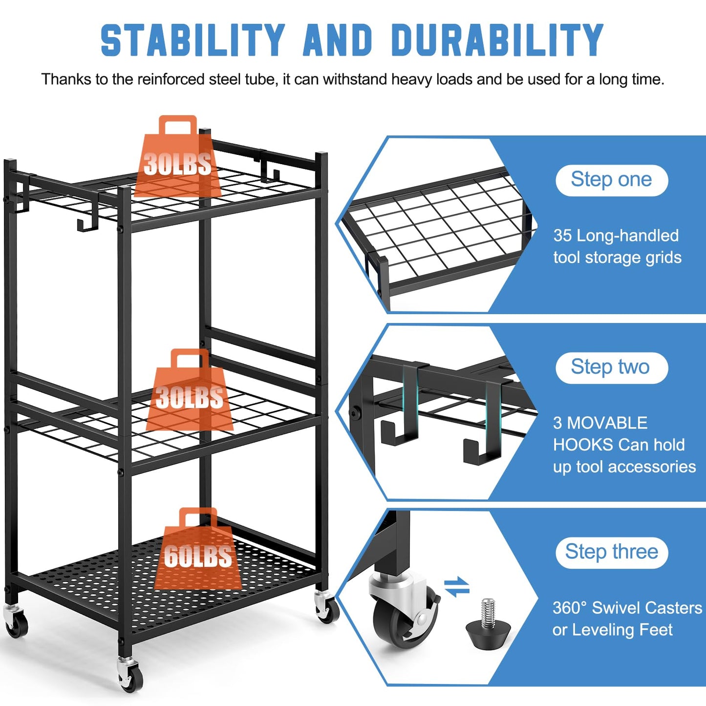 DAOUTIME Garden Organizer With Wheels, Yard Tower Rack for Garage Storage, Up to 35 Long-Handled Tools, Sturdy Metal Steel Holder With 3 Hooks, Outdoor, Black