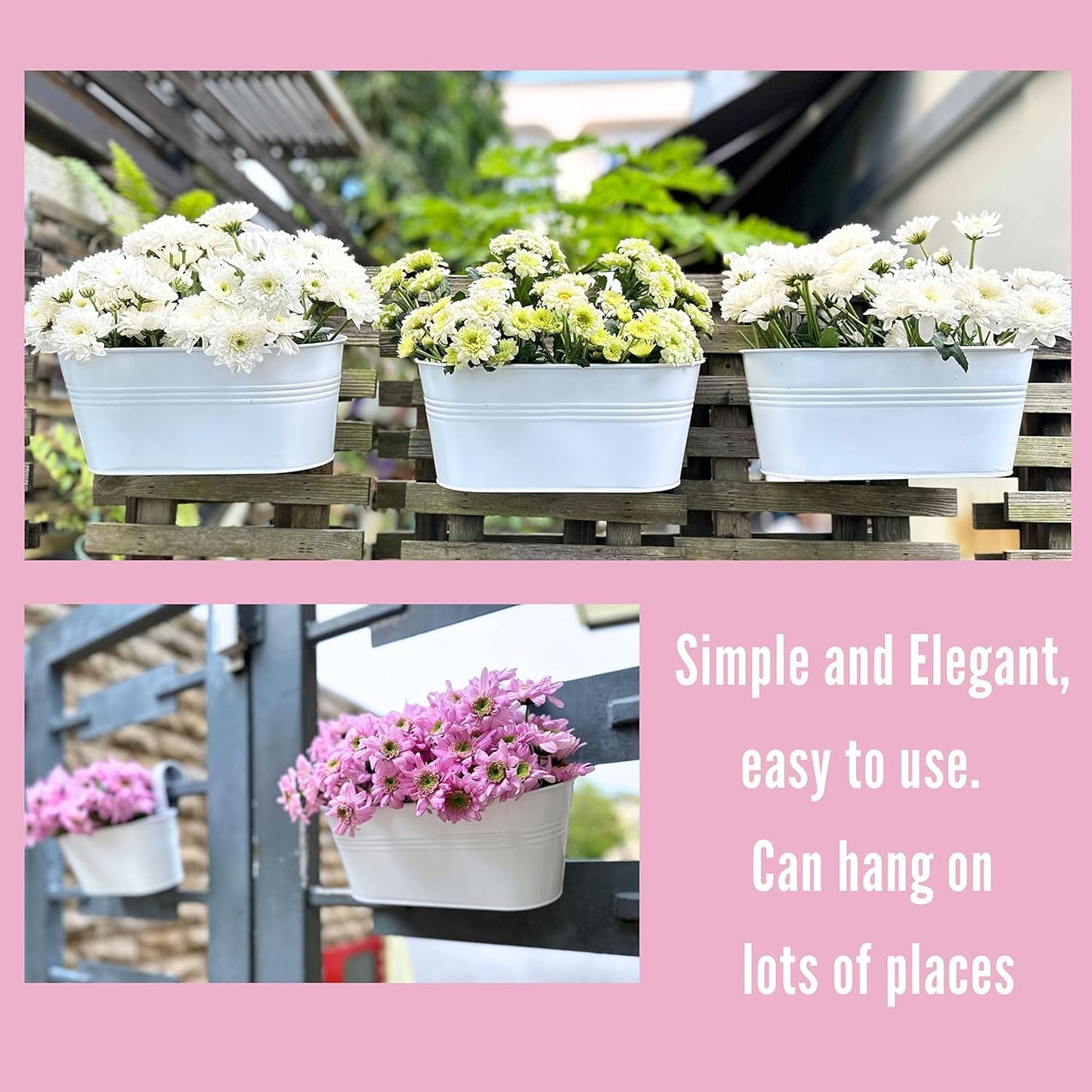 Maxona Metal Iron Hanging Flower Pots, 10 Pack, 11.8 Inch Oval White Railing Fence Hanging Bucket Pots Countryside Style Window Flower Plant Holder with Detachable Hooks Home Décor