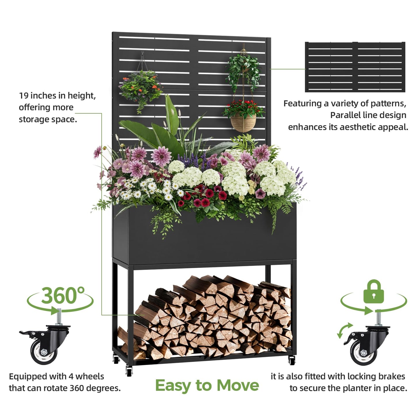 Diyfire Metal Planter Box with Trellis, 67"x35"x16"Metal Raised Garden Bed with Drainage Holes, Raised Garden Beds Outdoor, Privacy Planters Trellis for Climbing Plants, Patio,Garden, Wheels, Black