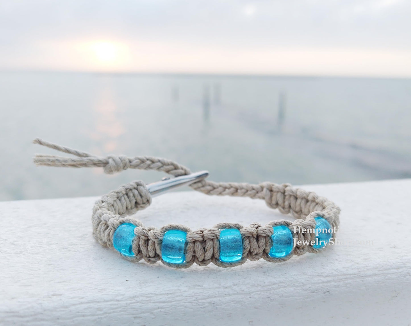 Hempnotic Jewelry Boho Hippie Light Blue Beaded Adjustable Alligator Clip Hemp Bracelet - Handmade