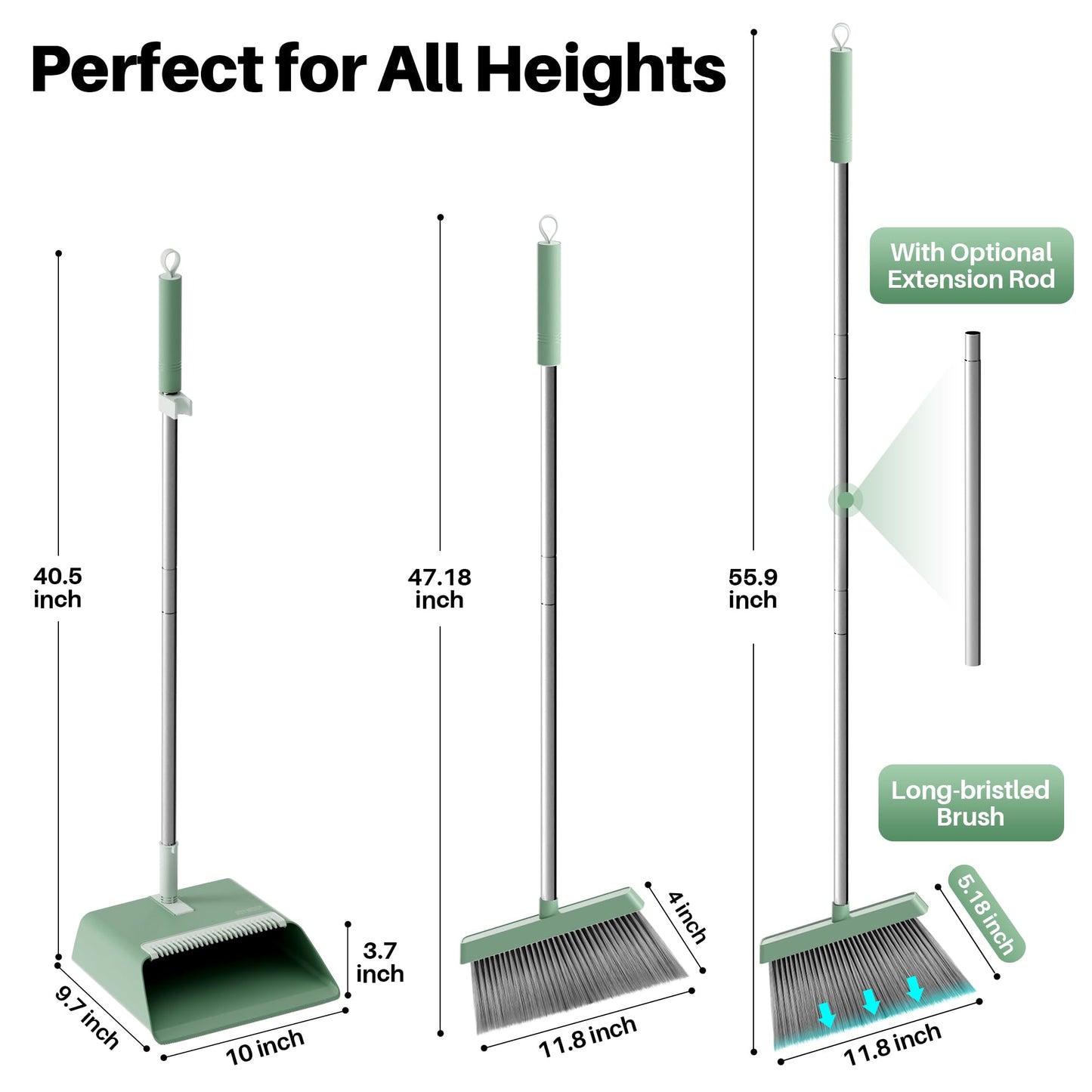 JOYMOOP Dark Teal Green Broom and Dustpan Set, Upright Angle with Built-in Comb Teeth, Ideal for Home, Office, Hardwood, Pet Hair