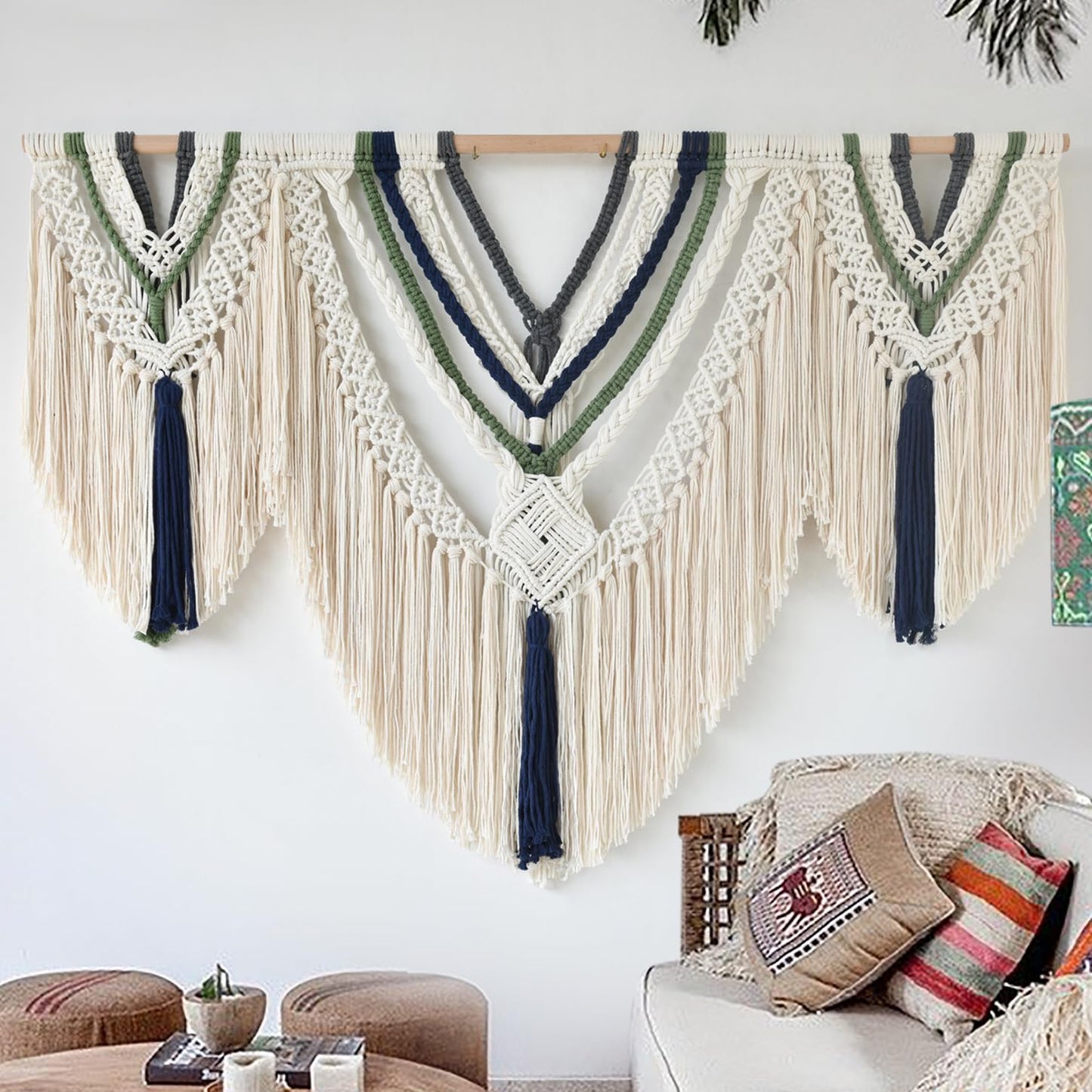 Jakalin Macrame Wall Hanging Boho Wall Decor Yarn Wall Art For Bedroom Living Room, Ivory Blue Green