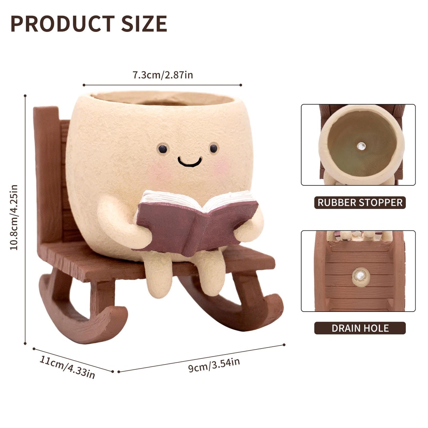 YOUOIVIA Rocking Chair Book Planter, Cute Smiley Face Succulent Plant Pots for Indoor Outdoor Plants, Unique Funny Flower Pots with Drainage Hole, Plant Gifts for Mother's Day, Birthday, Christmas