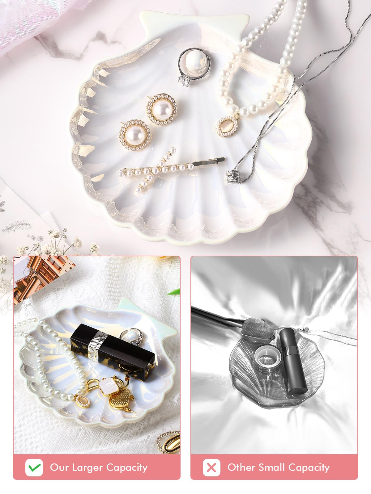 AISBUGUR Shell Ring Holder Dish, Shell Jewelry Tray, Trinket Dish, Cute Decorations for Coastal Home Decor, Bathroom Decor, 5.5", White