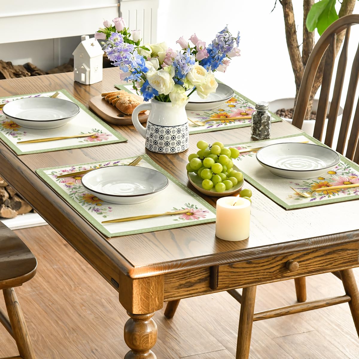 Artoid Mode Green Sunflowers Butterfly Spring Placemats Set of 4, 12x18 Inch Seasonal Summer Holiday Table Mats for Party Kitchen Dining Decoration