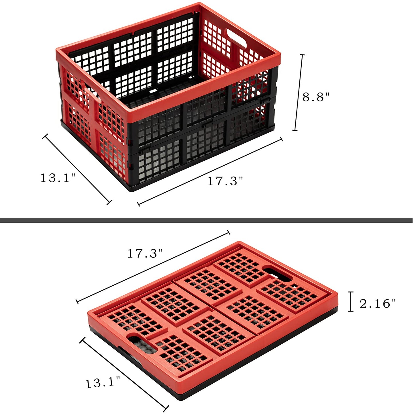 Eslite 34L Large Plastic Folding Storage Crates,Collapsible Crates for Storage,Pack of 3 (Black+Red)