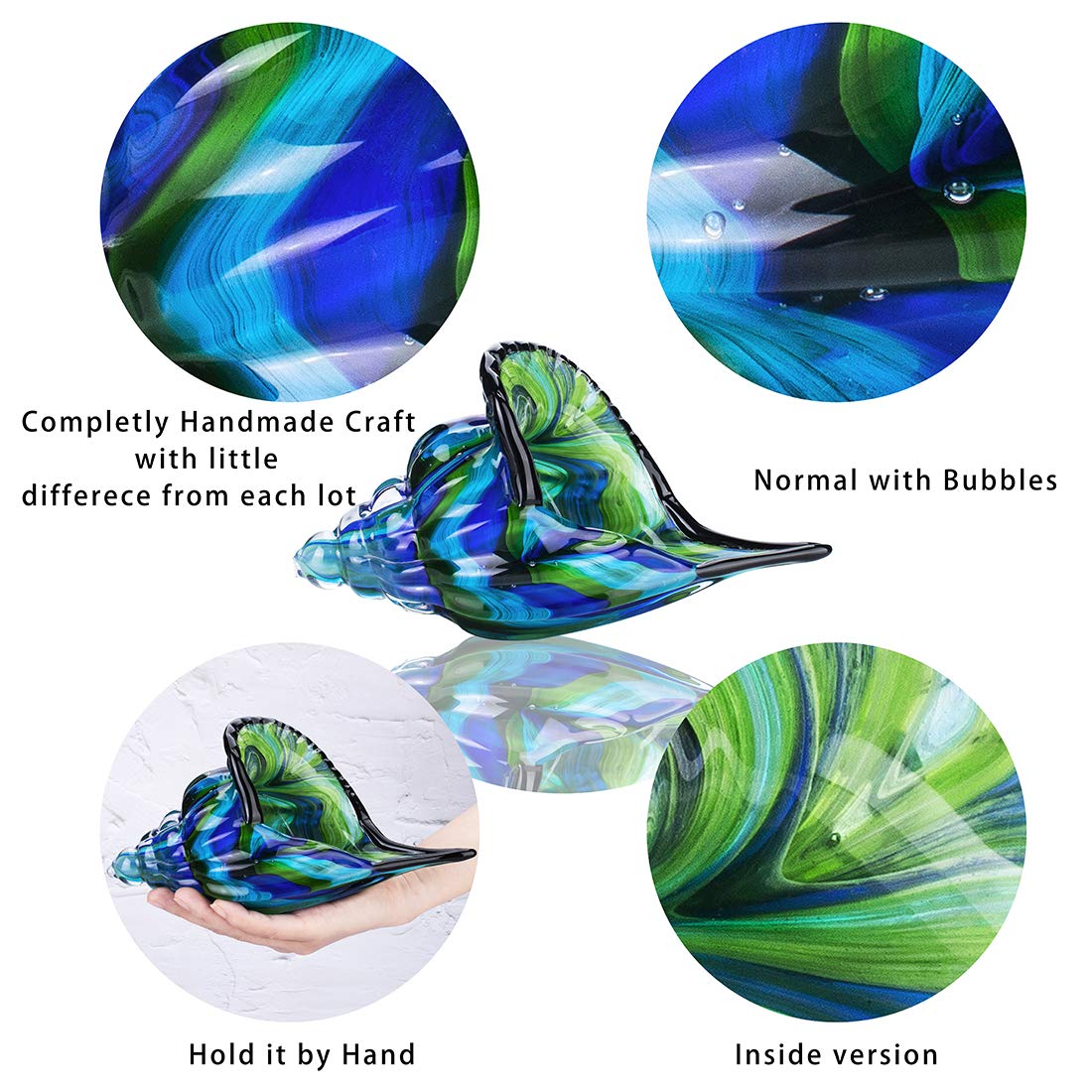QFkris 8" Glass Conch Figurines, Hand Blown Seashell Art Glass Sculpture, Beautiful Home Decor, Crystal Paperweight