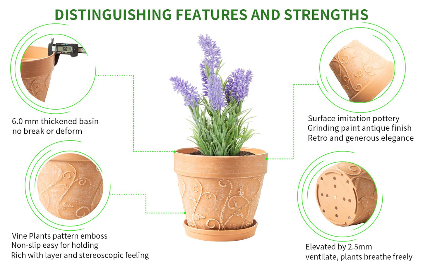 Melphoe Plant Pots Indoor with Drainage & Saucer, 2Pack 7 inch Flower Pots Outdoor Planters for Indoor Plants Garden Home Decor Cactus Succulent, Rigid Plastic (Imitation-Terracotta) Vine-Embossed