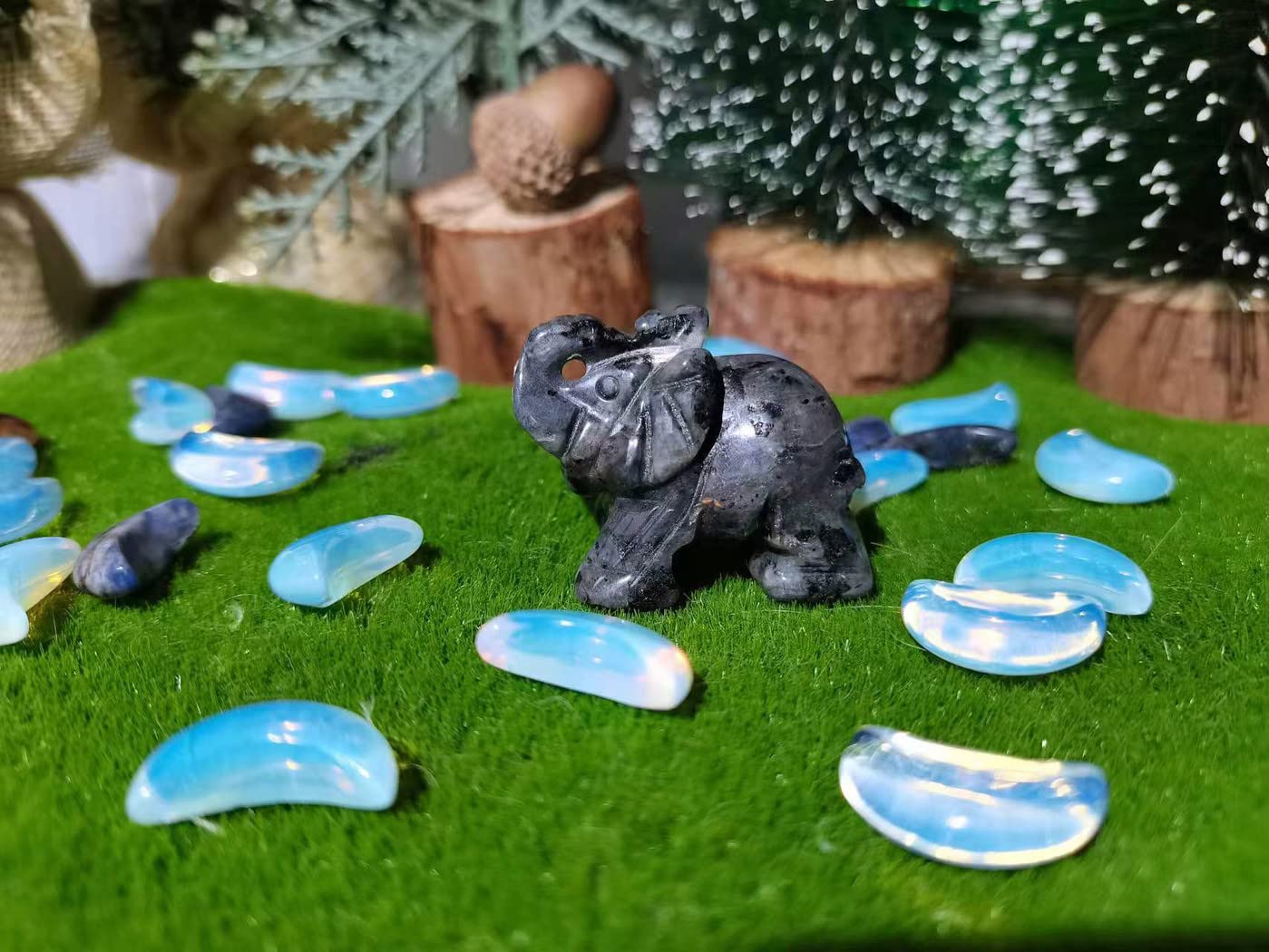 QINJIEJIE Crystals Elephant Decor Black Labradorite Cute Desk Stones Statue Polished Natural Gemstones Luck Decoration Home Room Office Pocket Figurine Meditation Spiritual Stocking Stuffers Gifts