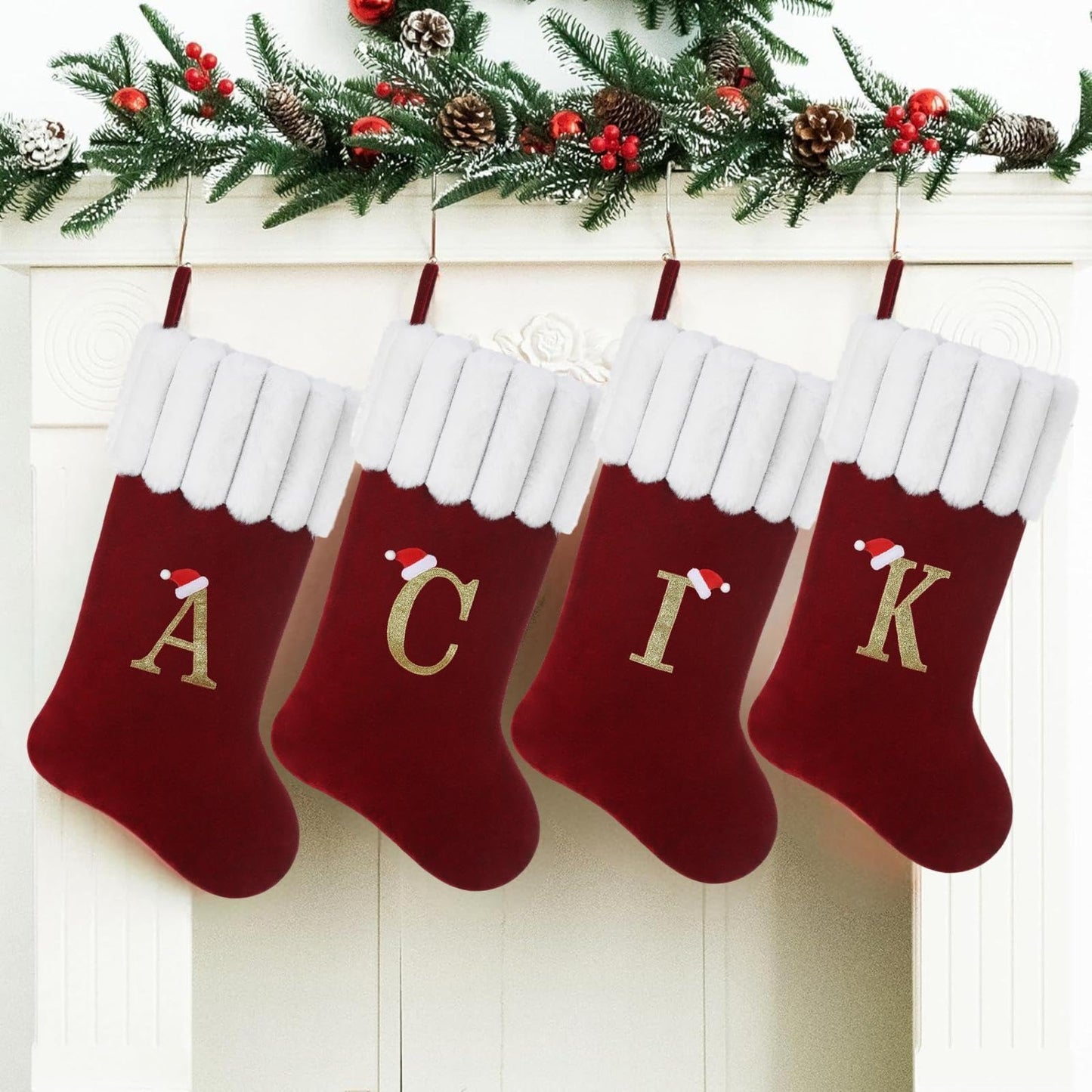 Yehnois 20 Inch Personalized Christmas Stocking,Red Velvet with Embroidered Initial,Holiday Xmas Party Decor Letter C