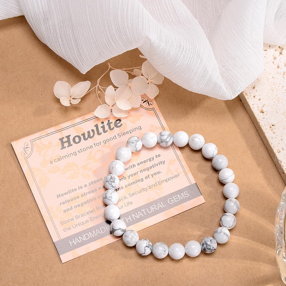 MASSIVE BEADS Howlite - Stone of Good Sleep - Handmade Yoga Stretch Elastic Bracelet Natural Stone Crystal Healing Power Energy Gifts for Unisex Adult 4mm