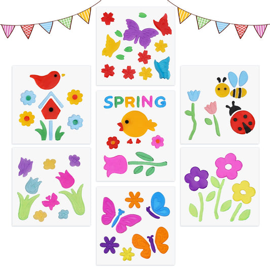 Whaline 7 Sheets Spring Window Gel Clings Flowers Butterflies Bee Beetle Bird Double Side Window Jelly Stickers Decals Decorations for Refrigerators Bedroom Home Office School Holiday Party Gift