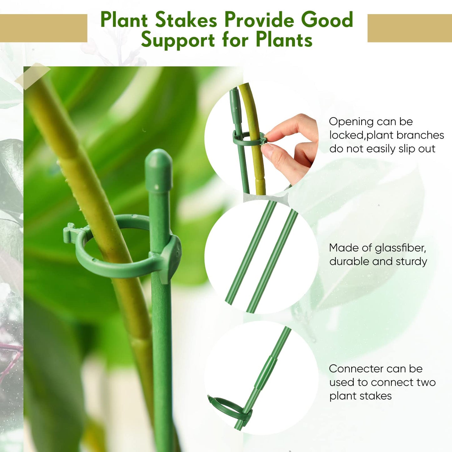meekoo 30 Pcs Adjustable Garden Plant Support Stakes Single Stem Plant Cage Support Rings with Clips and Connect Pipe for Orchid Rose Tomato, 12 Inch (Green)