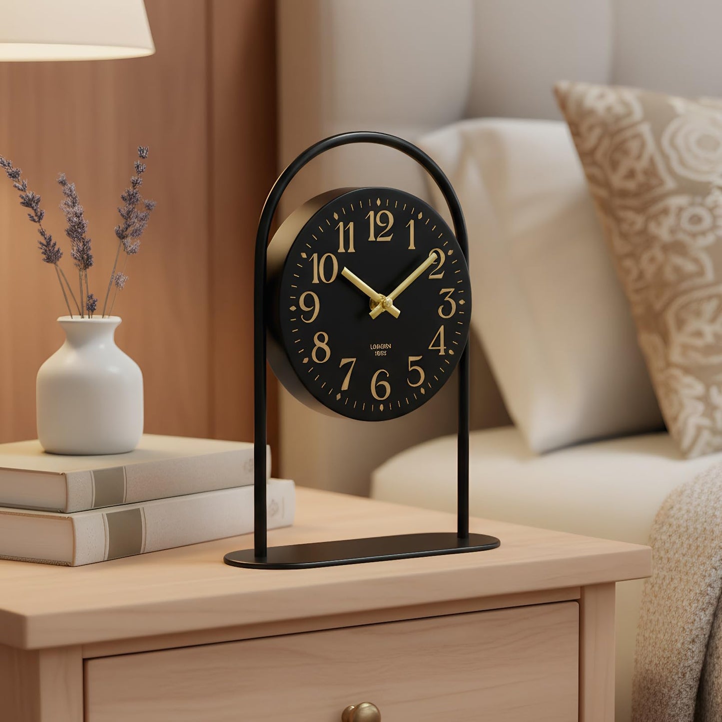 Modern Black Desk Clock - 10.6 Inch Arched Table Clock with Silent Non-Ticking Quartz Movement, Battery Operated Decorative Mantel Clock with Gold Arabic Numerals for Bedroom, Shelf & Office Decor