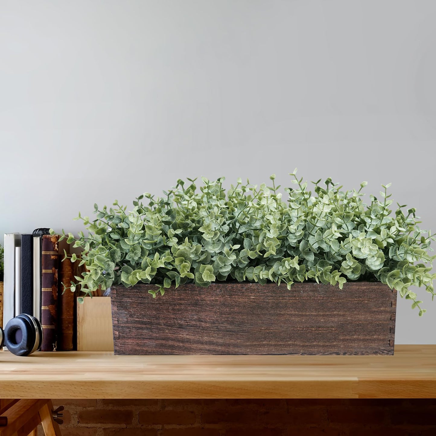 Winlyn 14" Artificial Eucalyptus in Rectangular Wood Planter Box Faux Plants Arrangement Centerpiece Wooden Potted Eucalyptus Plant for Farmhouse Wedding Dining Table Centerpiece Greenery Mantel Décor