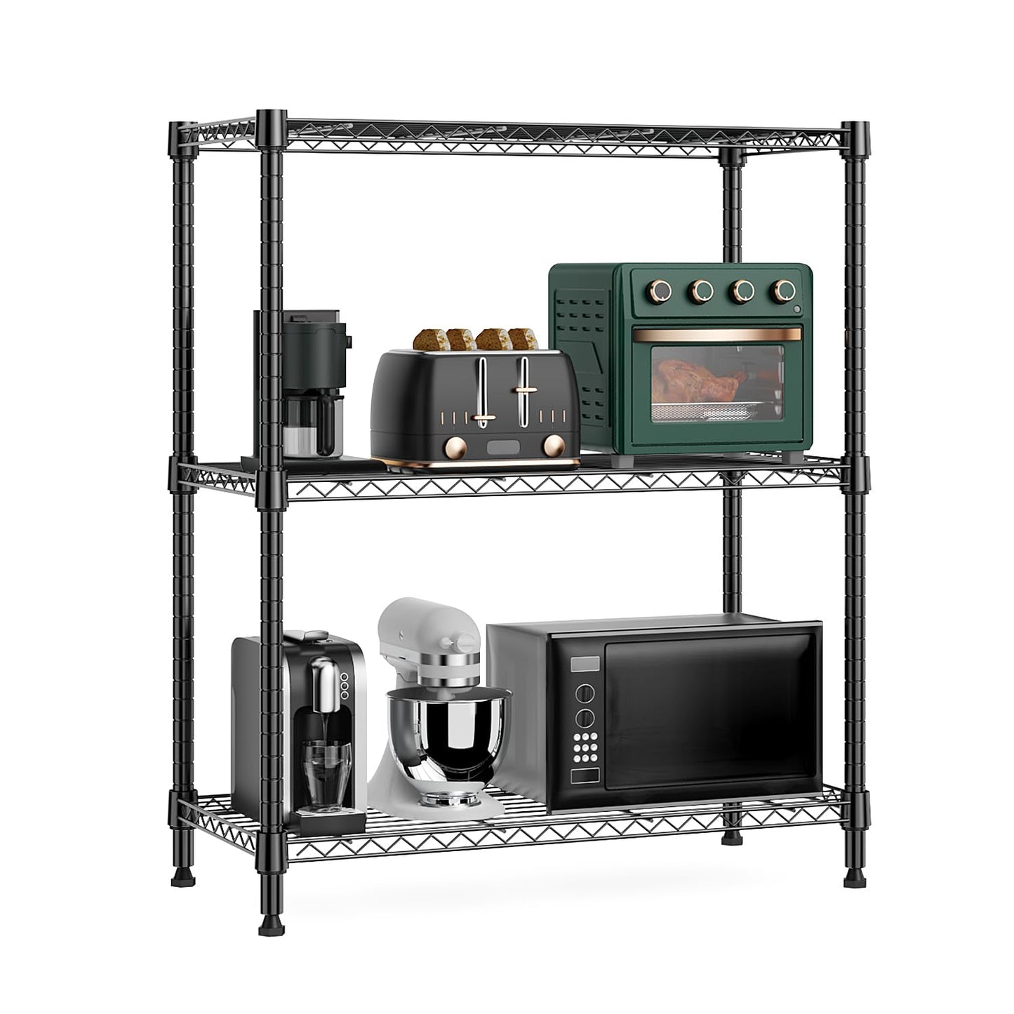M MZG 750 lbs 3 Tier Storage Rack Metal Wire Shelving Unit, Storage Standing Shelf Organizer for Laundry Bathroom Kitchen Pantry Closet Garage Basement Utility Room, Black 13.8" D x 29.5" W x 35.5" H