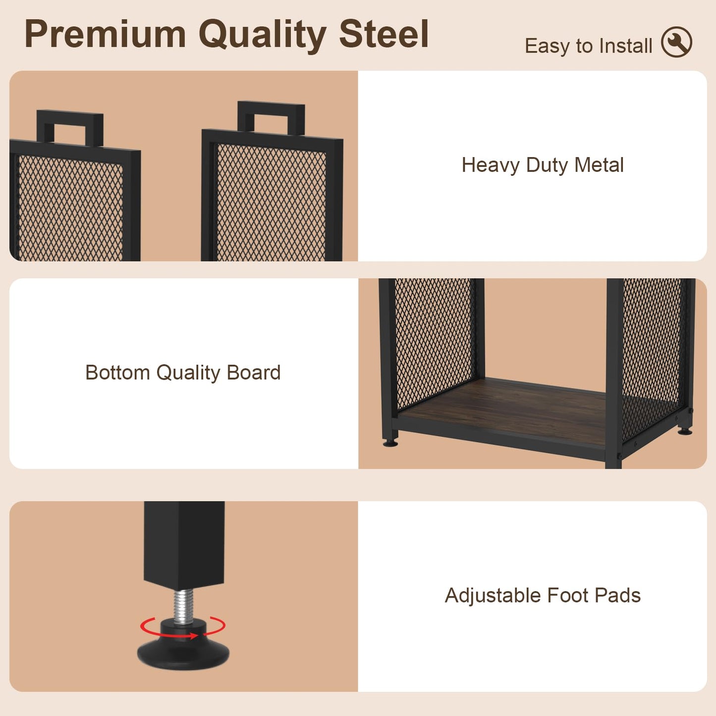 VyGrow Firewood Rack for Indoor, Heavy Duty Fire Wood Racks Holder, 17.32" Metal Wood Storage Log Holder with Leather Carrier, Small Firewood Stand for Fireplace Patio Deck, Black