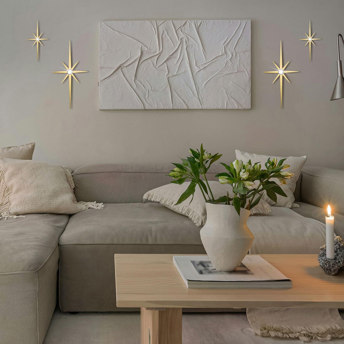 Sxnzequnze 4 Pack Metal Star Wall Art 8 Pointed Starburst Wall Decor Set with 2 Large & 2 Small Pieces Mid Century Celestial Metal Wall Sculpture for Bedroom Living Room Office Gallery Wall