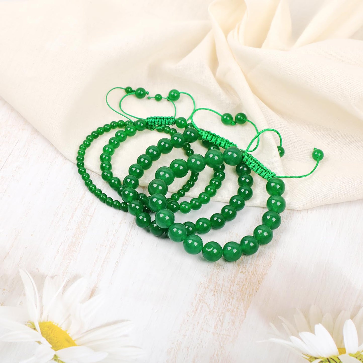 AD Beads 8mm Green Jade Bracelet - Stone of Heart Opening - Handmade Natural Stone Crystal Bracelet with Adjustable Macrame String - Yoga Healing Power Energy Gifts for Men and Women