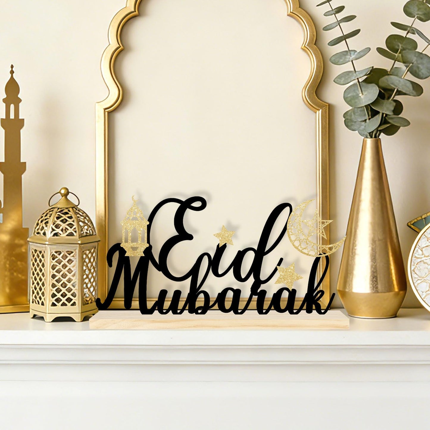 COCHIE Metal Eid Mubarak Sign, Ramadan Decorations for Home, Shelf, Mantel, Indoor, Moon Star Eid Decor, Eid Mubarak Ramadan Table Top Party Decoration (Eid)
