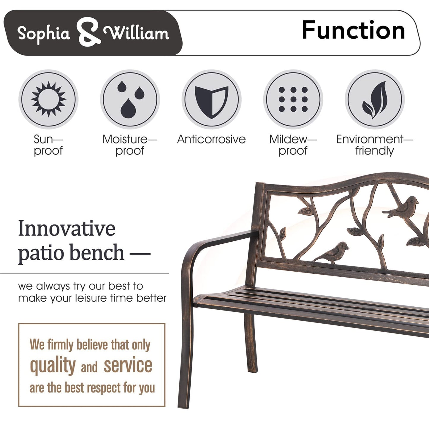 Sophia & William Outdoor Bench, Porch Bench, Garden Bench, Wrought Iron Bench with Backrest and Armrests, Bronze