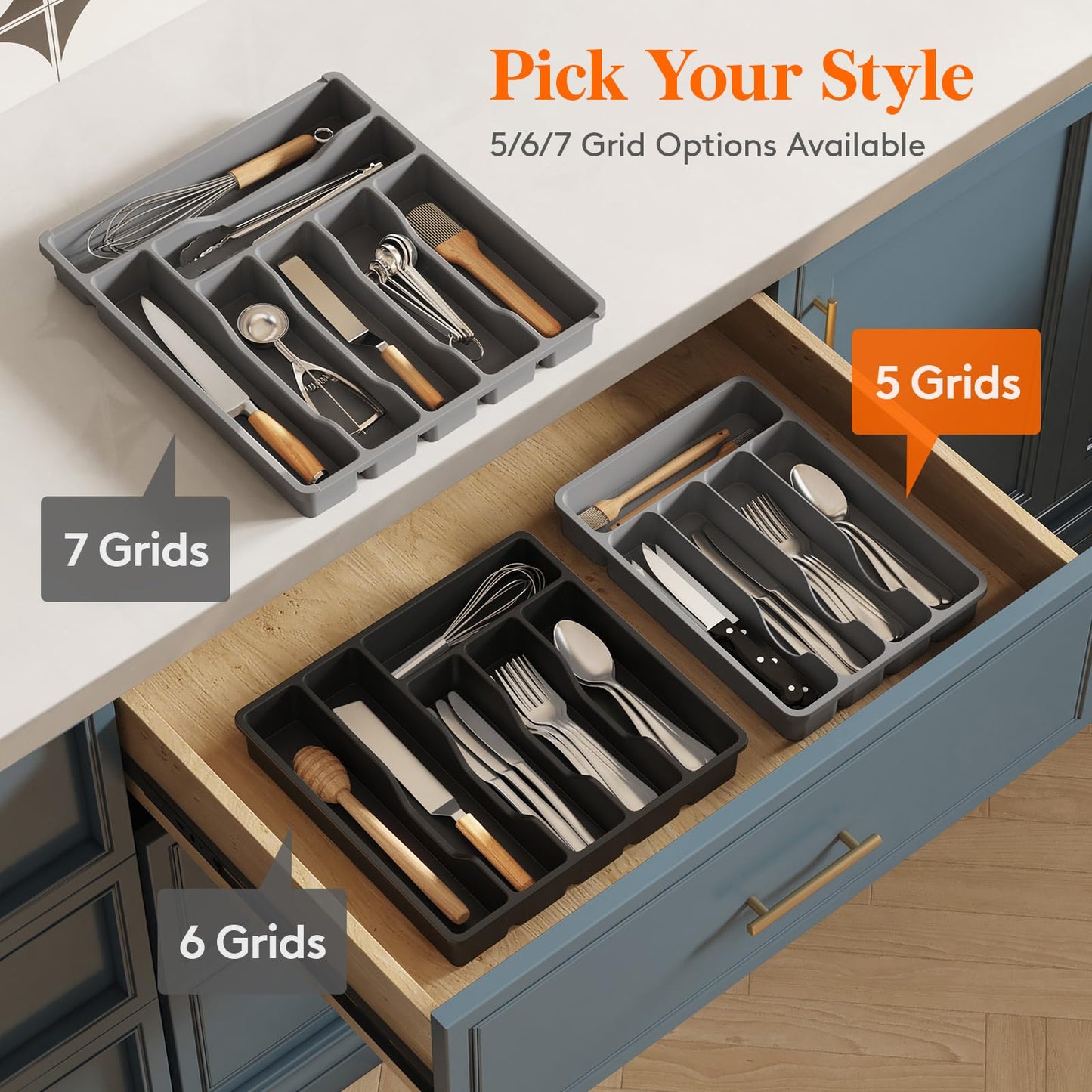 Lifewit Silverware Drawer Organizer Tray, Plastic Cutlery Storage for Kitchen, Flatware and Utensil Holder Divider for Spoons Forks Knives Tableware, 9.1 x 12.6", 5 Slots, Gray