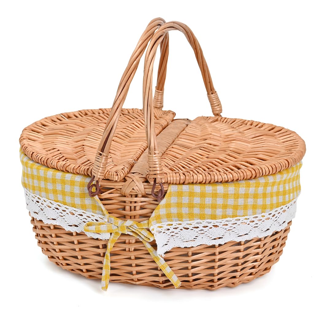 Large 15.4" Wicker Picnic Basket with Removable Liner Empty Picnic Baskets with Lid, Picnic Hamper with Foldable Handles for Picnic, Yellow Checkered, Large