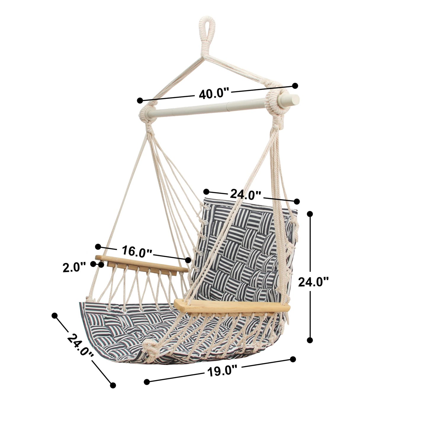 [Upgraded] Hammock Chair Hanging Swing with Wooden Armrests;Steel Spreader Bar and Anti-Slip Rings;Cotton Woven Fabric;Up to 300 Lbs for Bedroom,Patio,Porch,Deck-Indoor Midnight Blue Stripe