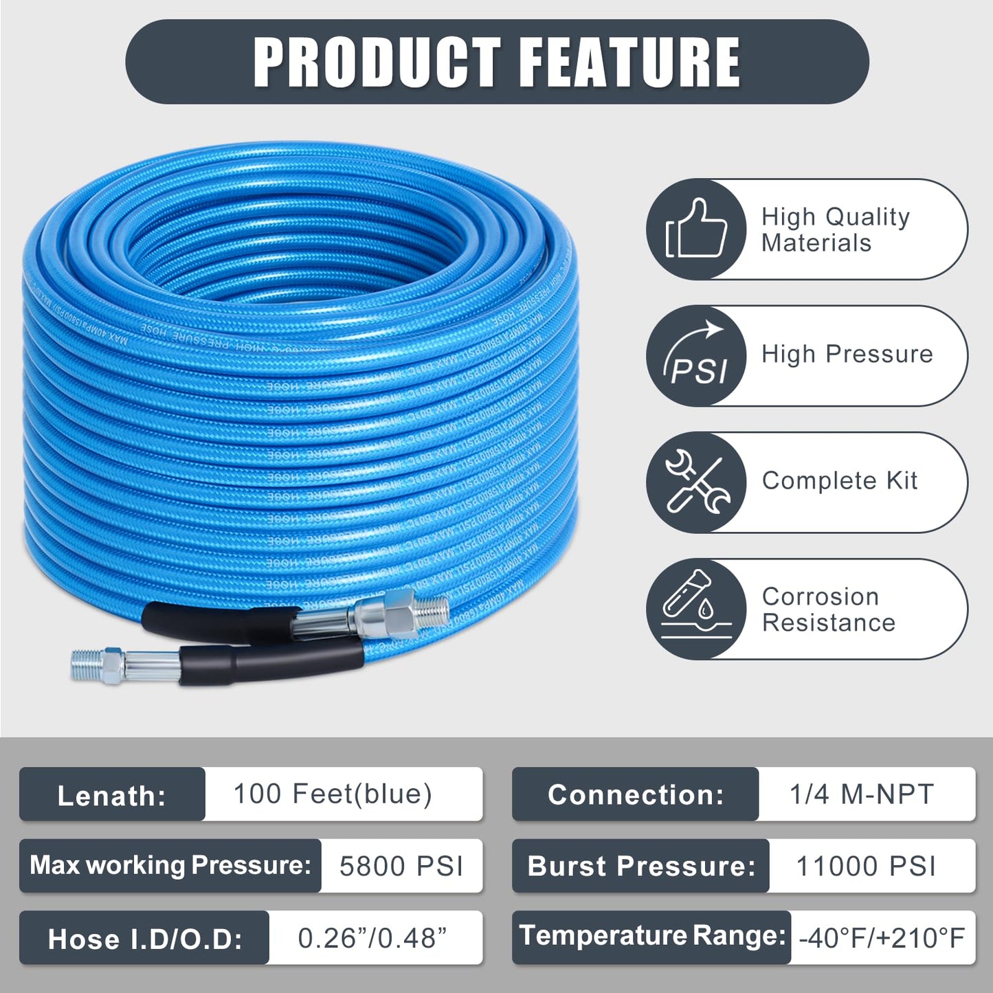 100 FT Sewer Jetter Kit for Pressure Washer, 5800PSI Water Jet Drain Cleaner Hose, 1/4 Inch NPT Corner with 4 Sewer Jetting Nozzles, Pearl Corsage Pin, Waterproof Tape, Handle Strap&2 Spanner (Blue)