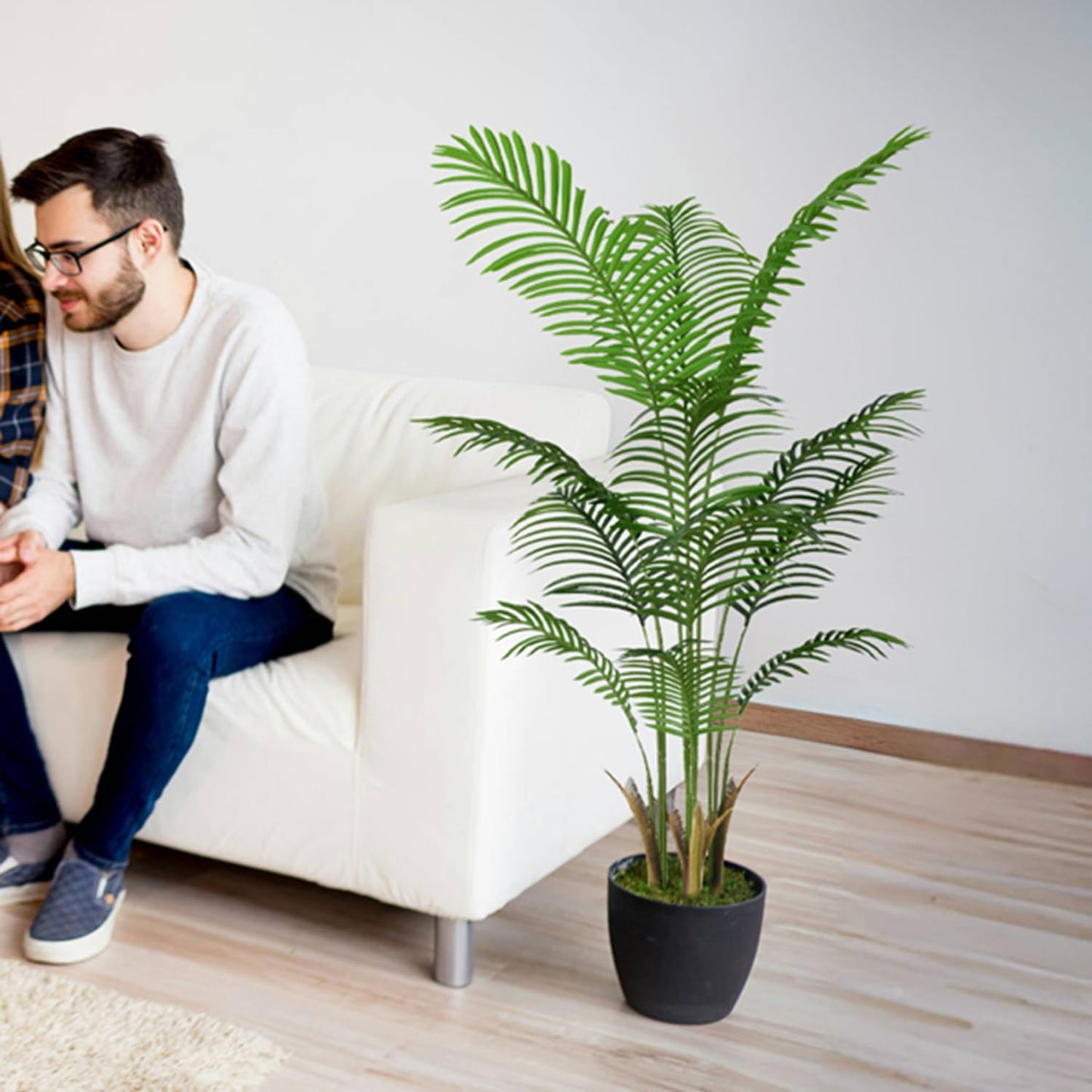 4FT Artificial Palm Tree Indoor with White Pot, Realistic Leaves, 9 Trunks Adjustable Branches, Tall Faux Fake Palm Plant, Ideal for Living Room Bedroom Office Home Interior Aesthetic Decor