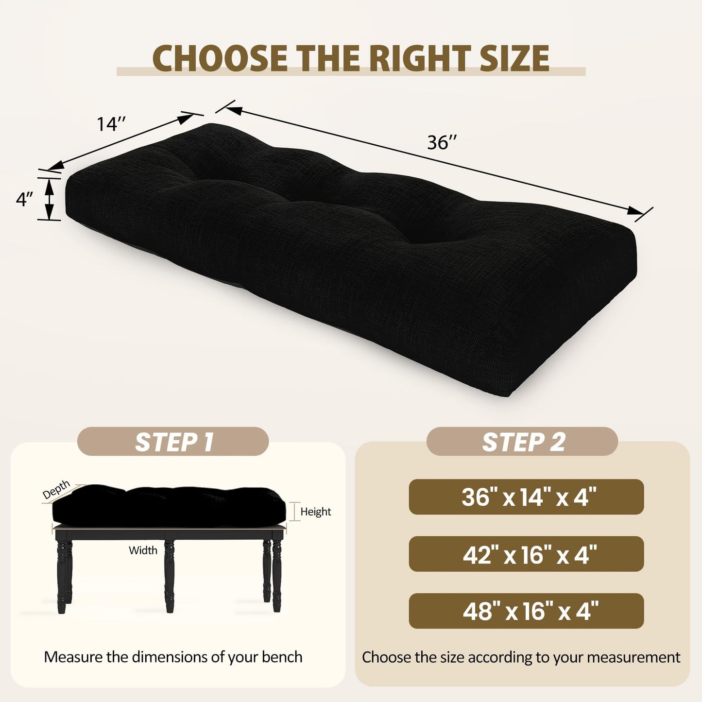 downluxe Indoor Bench Cushion for Indoor Furniture, Non-Slip Tufted Overstuffed Textured Foam Bench Seat Cushion, 36" X 14" X 4", Black, 1 Pack