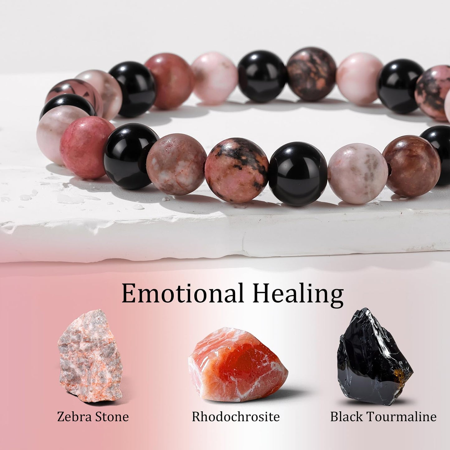 Healing Crystal Bracelet for Women Men 8mm Beaded Black Tourmaline Zebra Stone Rhodochrosite Natural Stone Bracelets Handmade Stretch Emotional Healing Bracelet Beads Spiritual Crystal Jewelry Gifts