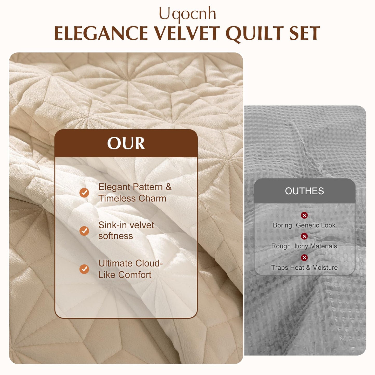 Uqocnh Luxury Velvet Quilt Set Queen Size 3 Piece, Soft Channel Stitch Velvet Comforter Set with 2 Pillow Shams, Lightweight Coverlet Bedspread Bedding Set for All Seasons, Beige