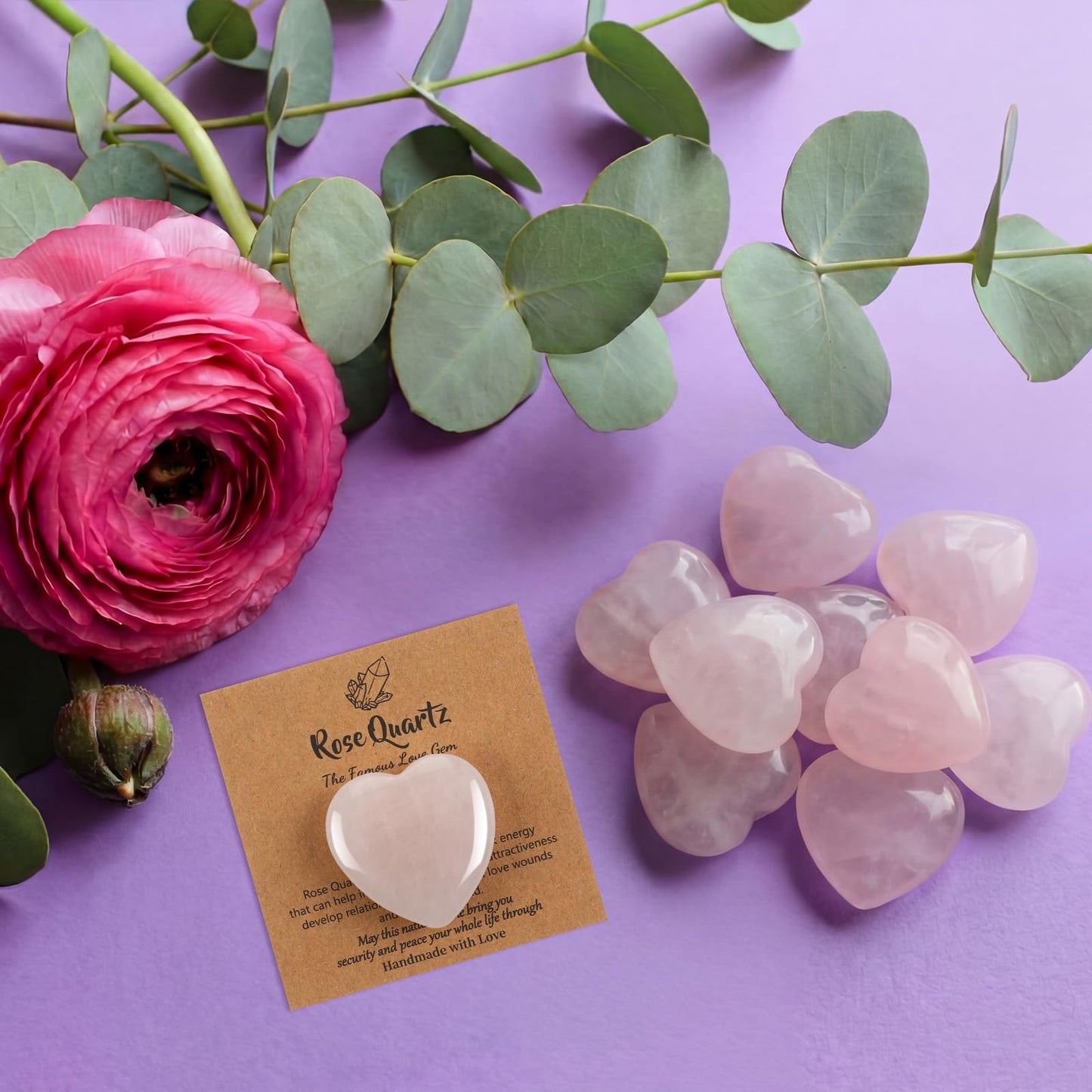 YooNotee 32 Pack 1.2 Inch Rose Quartz Heart Crystal Pink Heart Shaped Stones Gift Set Bulk 16 Pcs Crystal Gemstone Crystals Rock with 16 Pcs Cards for Men Women