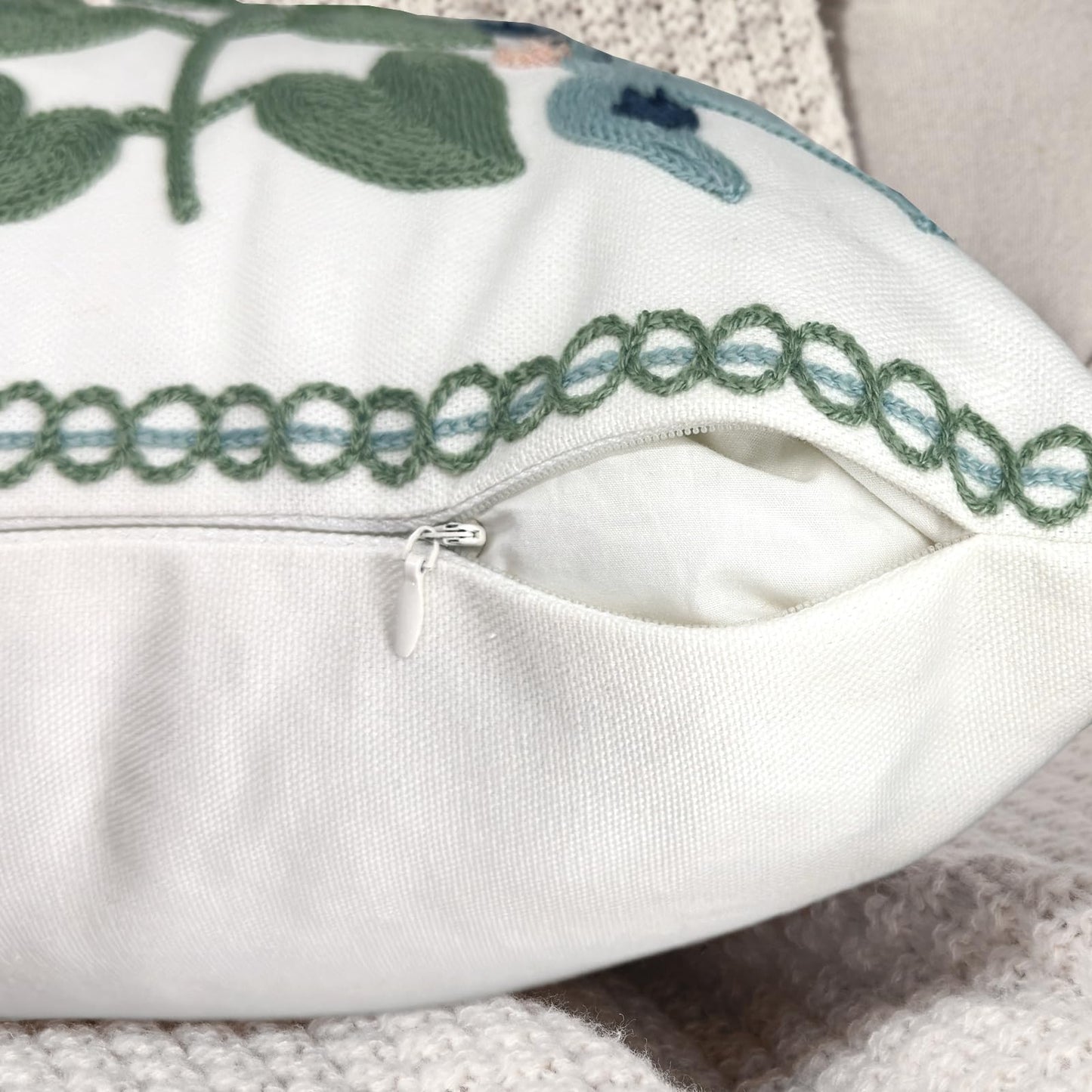 Alysheer Spring Floral Embroidered Decorative Throw Pillow Covers 18"x 18" Set of 2, Farmhouse Navy Blue Flowers Green Leaves Tufted Patterned Cotton Cushion Cases for Couch Bed Living Room Decor