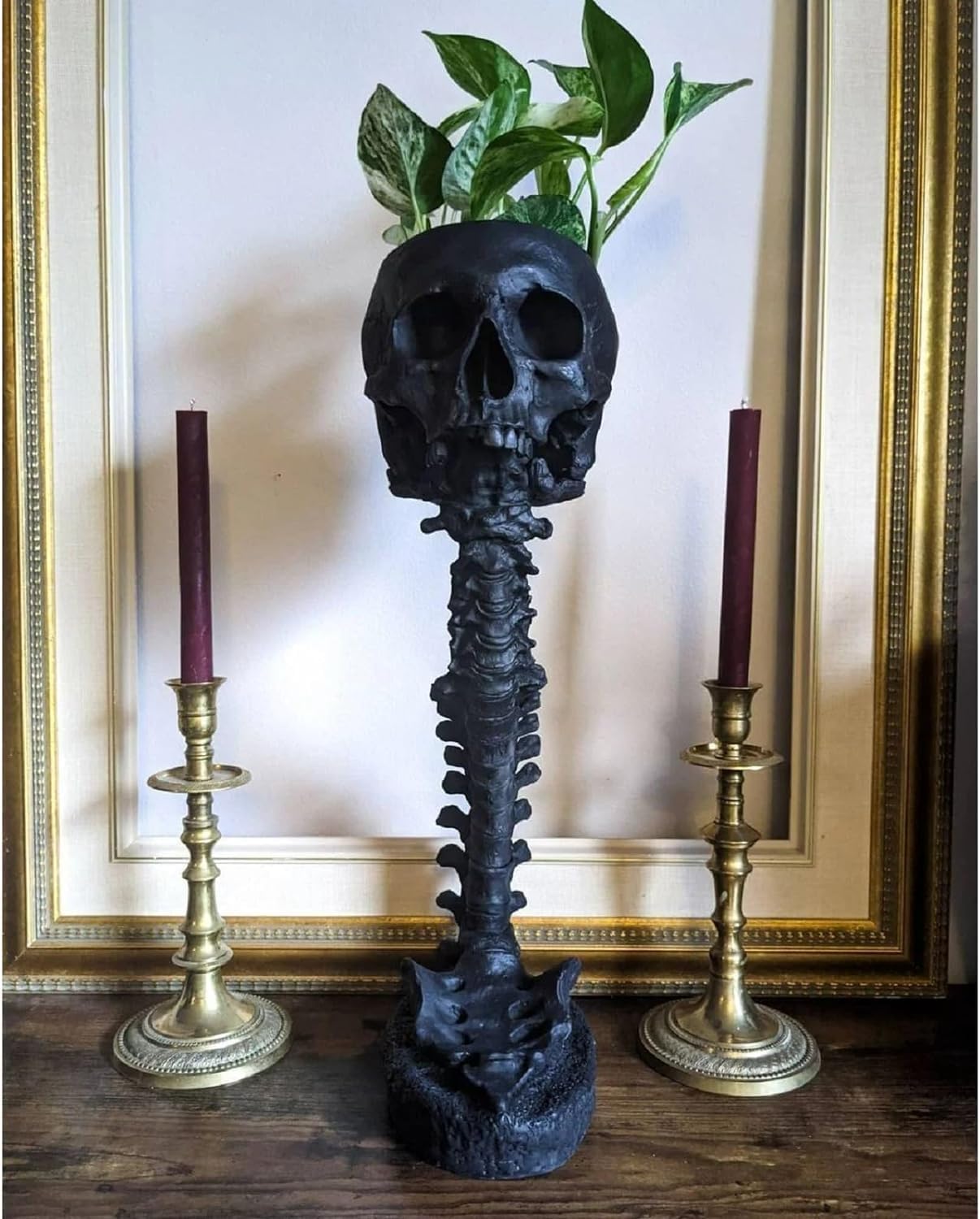 Gothic Skull Planter & Skeleton Vase - 11.6" Tall Black Skeleton Flower Pot for Indoor Plants, Spooky Goth Decor for Halloween Table Centerpiece, Gothic Gifts with Skull Decor for Bathroom & Home