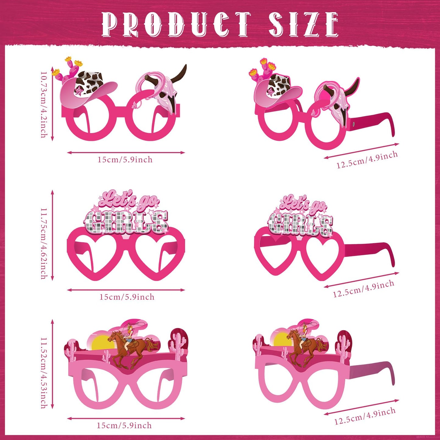 Herdear 32 Pcs Pink Cowgirl Paper Glasses Western Cowgirl Photo Booth Props Let's Go Disco Bachelorette Party Decorations Girls Eyeglasses for Wild West Cowboy Girls Birthday Party Favor Supplies
