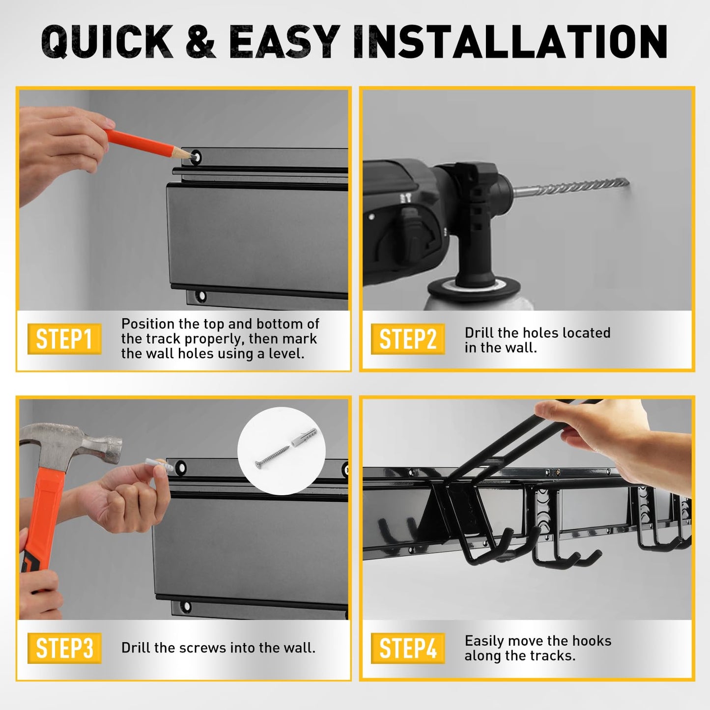 ELEAD 9-Pairs Heavy Duty Garage Tool Organizer Wall Mount Hooks, 48 Inches 730 lbs Garden Tool Organizer with Adjustable Hooks, Yard Tools Organizers for Garden, Yard, and Shed