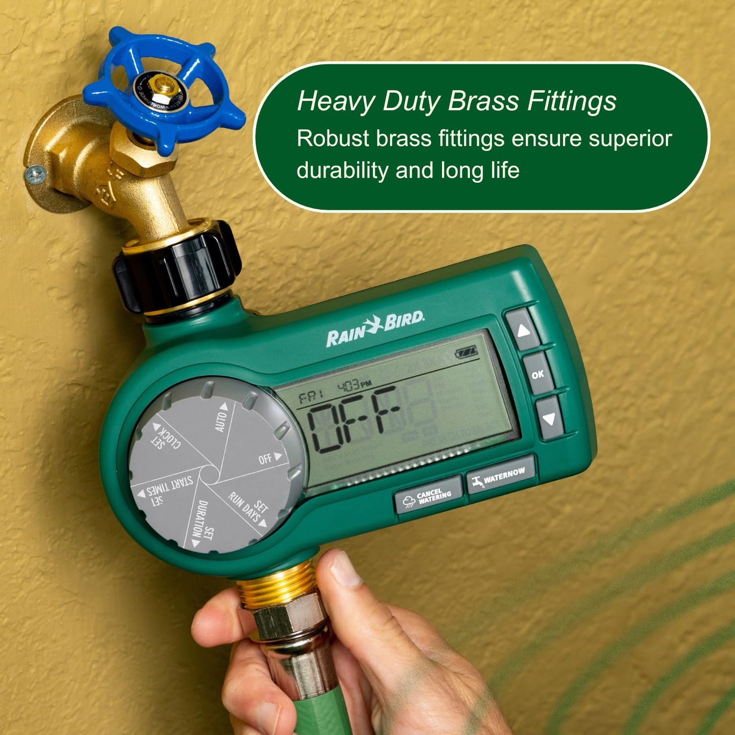 Rain Bird 1ZEHTMRP Premium Professional Grade Electronic Digital Hose End Timer/Controller, One Zone/Station, Battery Operated, Digital with Brass Inlet/Outlet