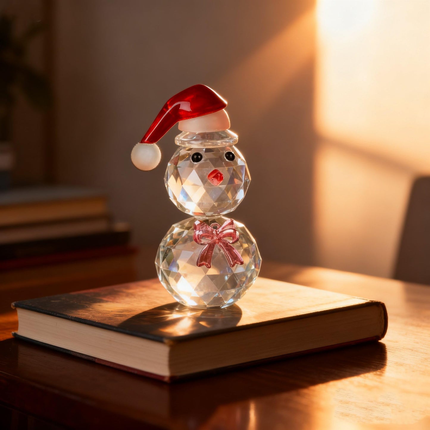 vskikris Christmas Snowman Figurine - Sparkling Crystal Snowman Figurine Decorations Christmas Glass Figurine Ornament with Red Hat, Festive Table Decor Xmas Gift & Collectible Paperweight