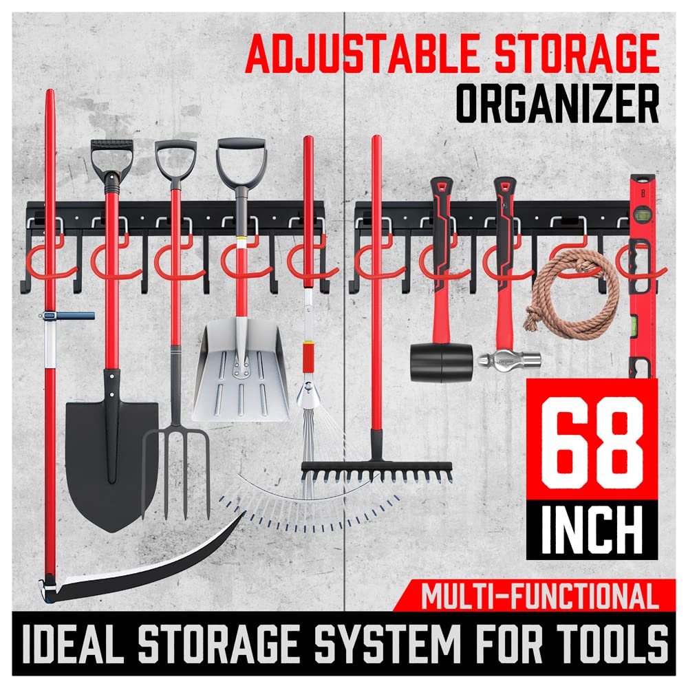 SEDY 68" All Metal Garden Tool Organizer Hooks - Garage Wall Organizer Sturdy Garden Tool Storage System Yard Tool Garage Tool Organizer Wall Mount Shed Organization Shovel Broom Rake Holder