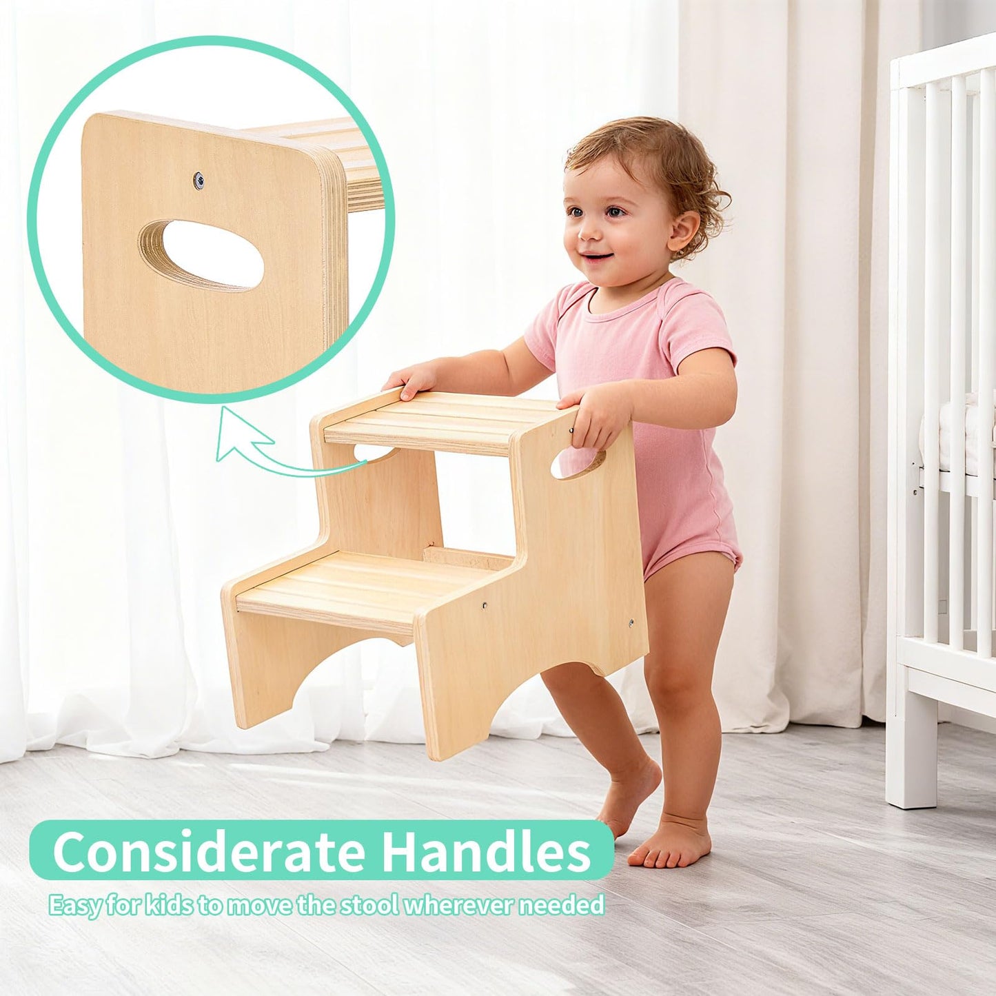 Wooden Toddler Step Stool for Kids, Two Step Stool with Non-Slip Pads & Handles, Potty Training Stool for Bathroom Sink, Toilet, Kitchen, Bedroom (Natural)