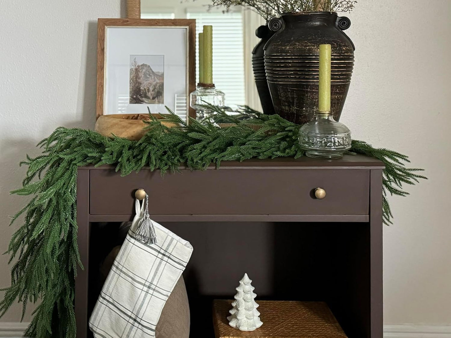 9FT Christmas Garland Norfolk Pine Garland Real Touch Artificial Greenery Garland for Mantle Fireplace Table Indoor Outdoor Holiday Decortions