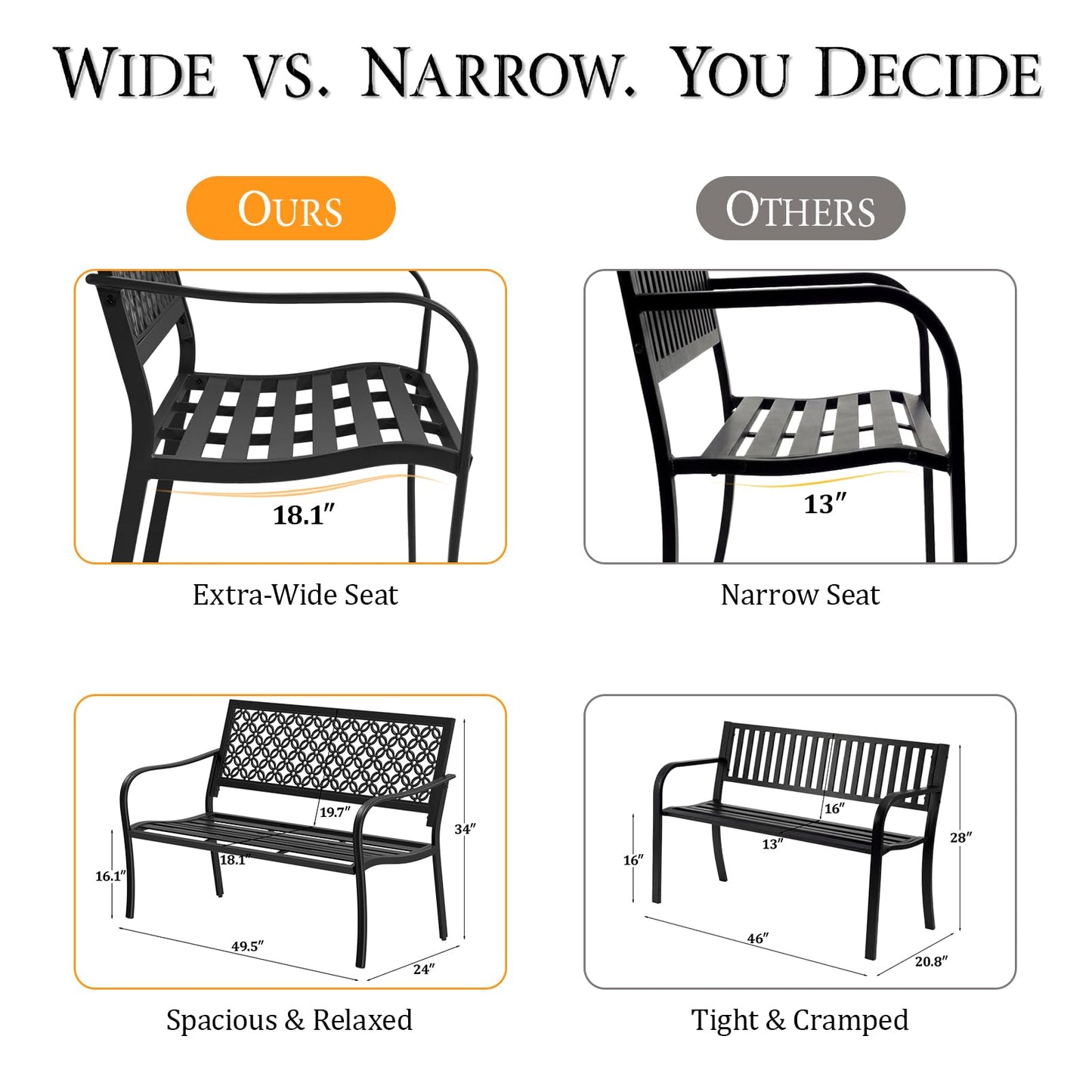 50" Outdoor Bench Weatherproof, 700 lbs Capacity Heavy Duty Garden Benches with Galvanized Metal Frame, Patio Bench with Floral Backrest, Patio Furniture for Porch, Park, Yard, Entryway, Black