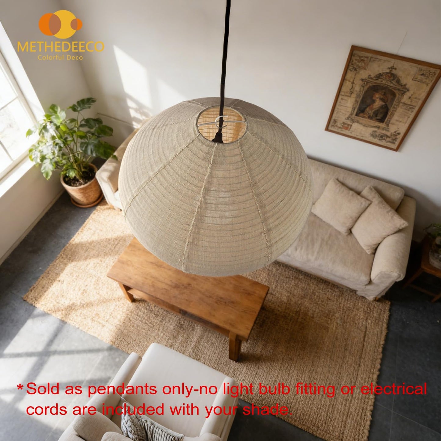 METHEDEECO Oval Hanging Lamp Shade, 16 Inch Faux Linen Pendant Lamp Shade, Foldable Fabric Replacement Shade, White with Beige, Minimalist Pendant Lantern Shade for Bedroom Living Room Kitchen